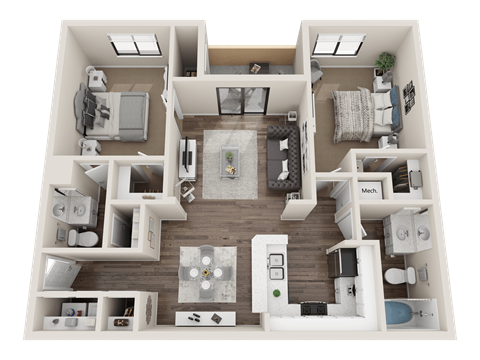 Floor plan for 2 beds, 2 baths, 1099 sqft